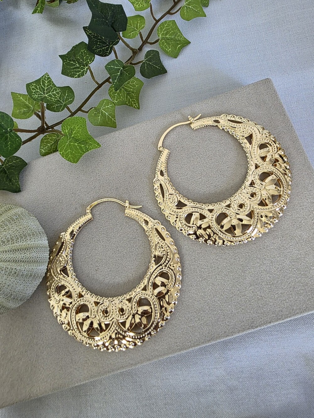 Large 3" Gold Filled Filigree Hoop Earrings